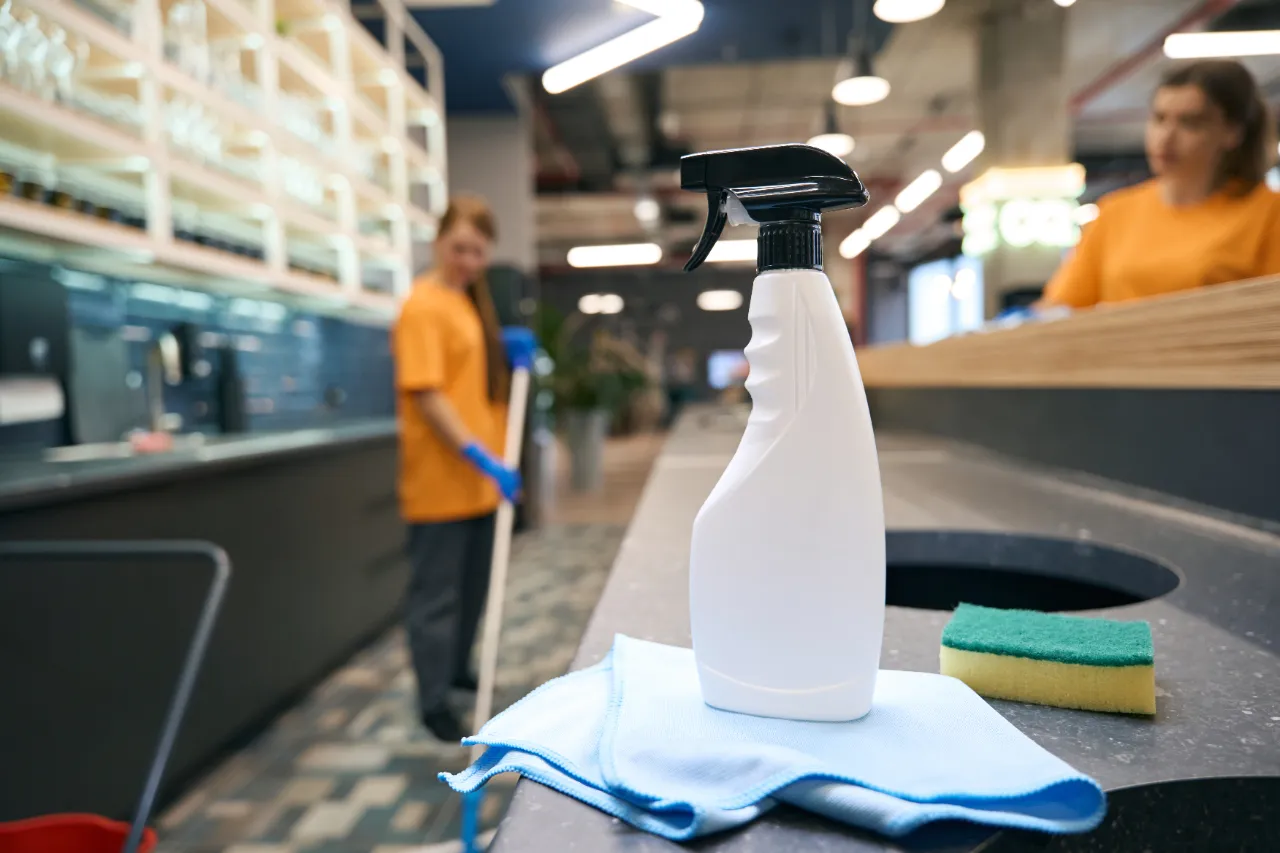 Cleaning supplies in office break room in New Jersey