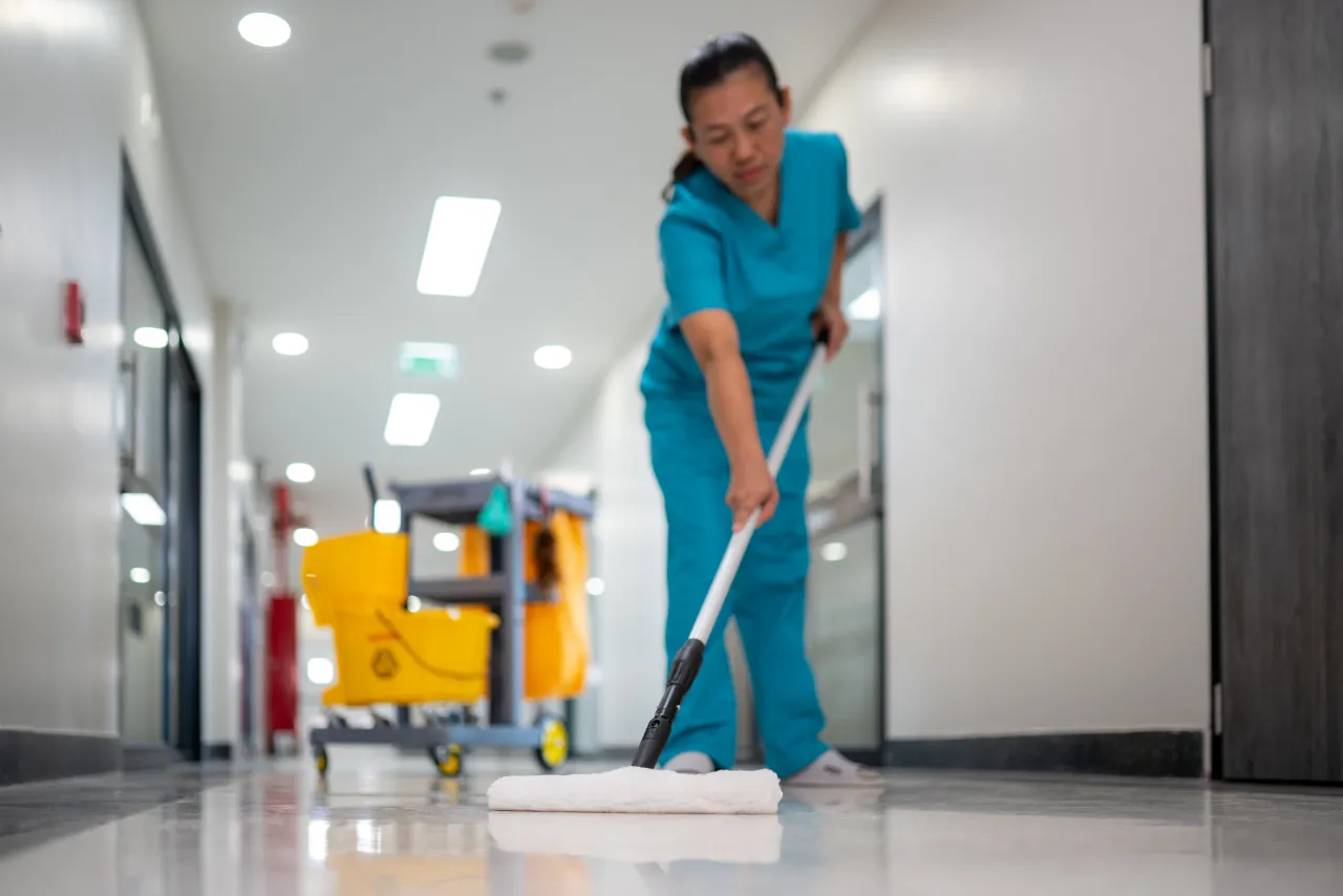 Mopping hospital hallway